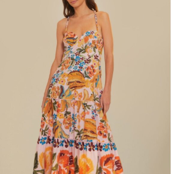 Farm Rio | Spring Bananas Pink Midi Dress M - Picture 3 of 8